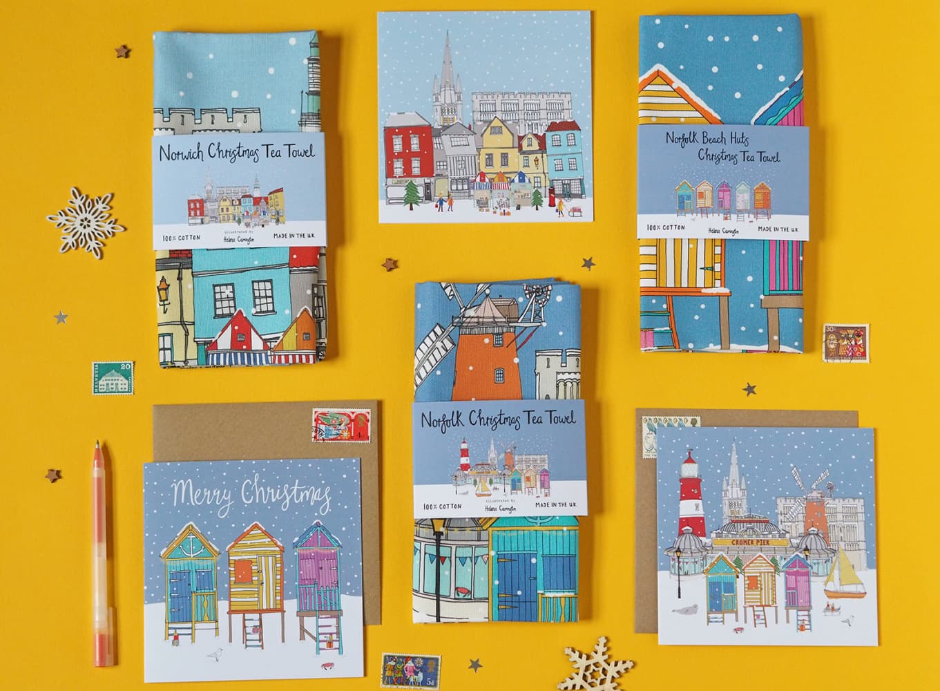 Photo of Norfolk Christmas products such as tea towels and cards