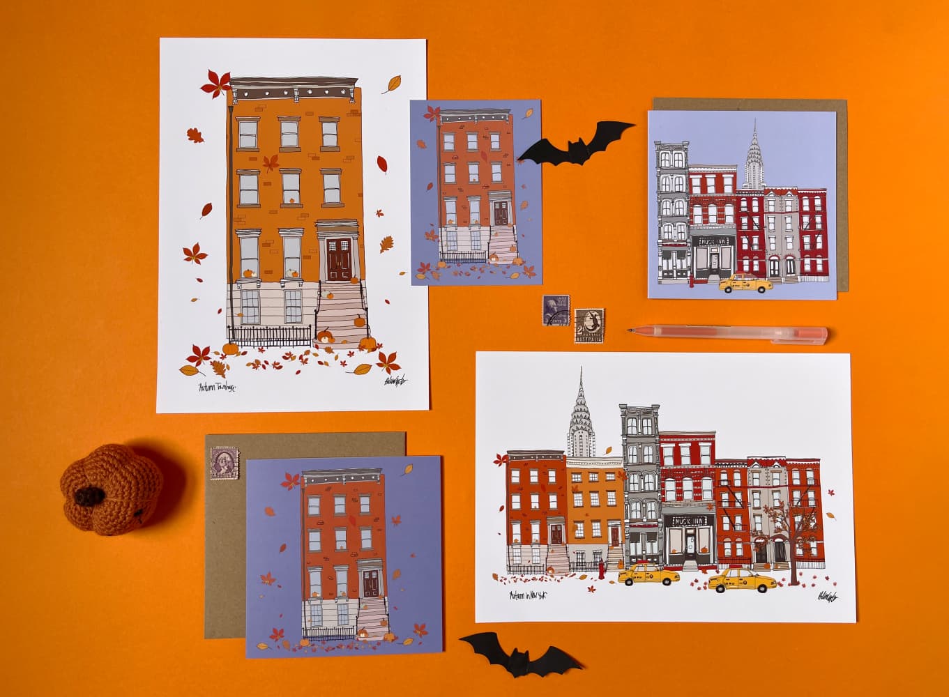 Photo of Autumn themed products, including New York prints and greetings cards