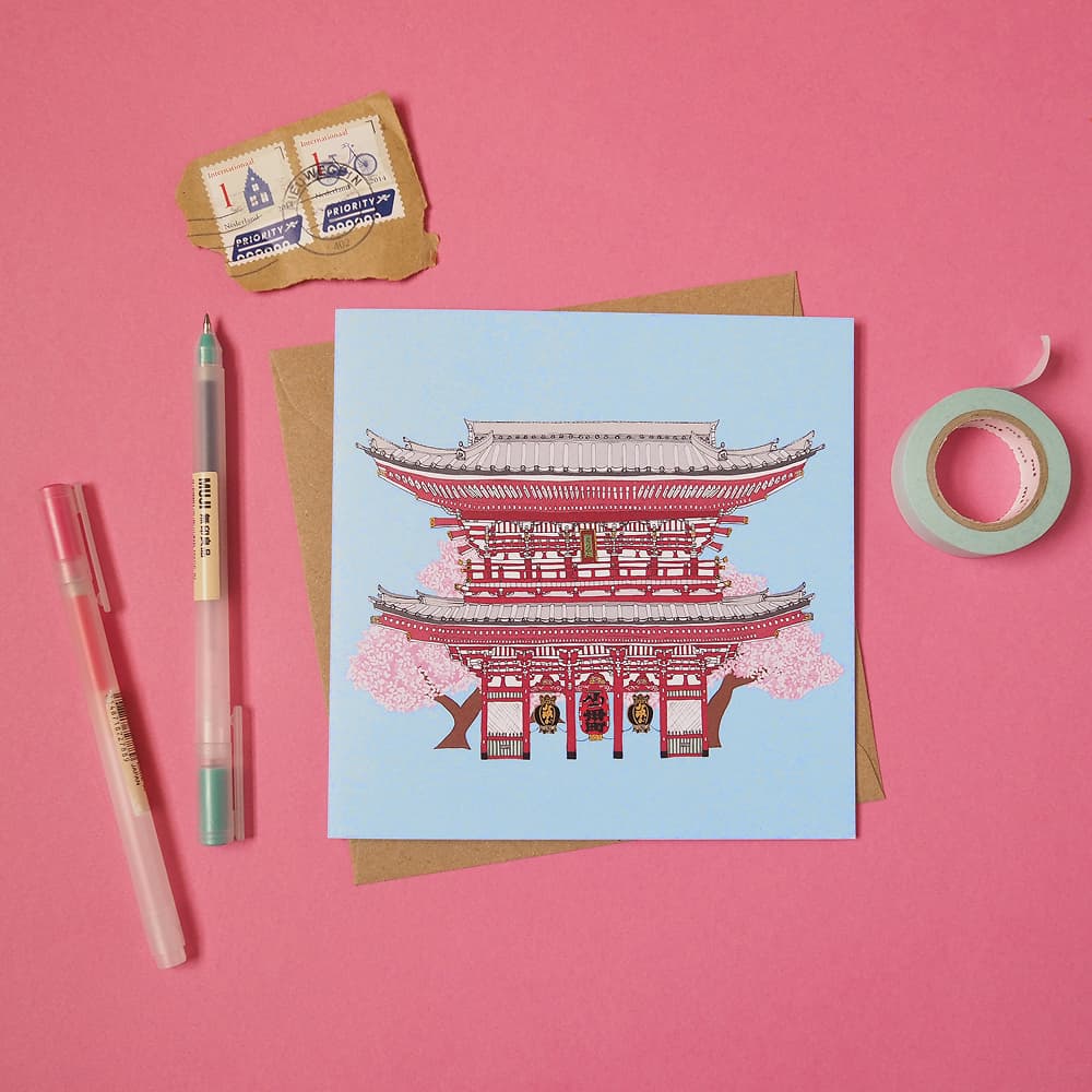 A photo of the Sensō-ji Temple Tokyo Greetings Card on a pink background
