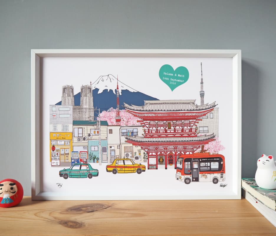 Photo showing a Tokyo print personalised with names and a date