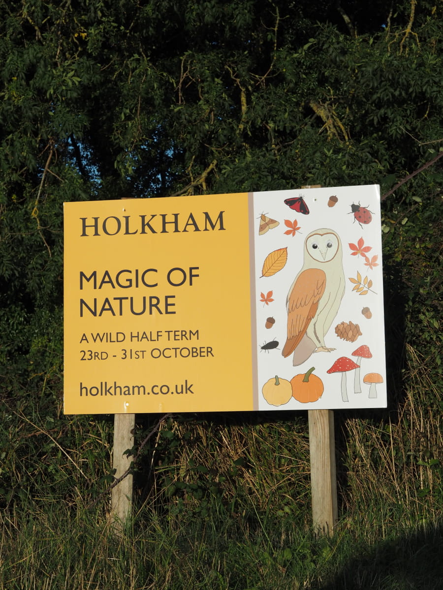 Road sign on the way to Holkham Hall featuring autumn design