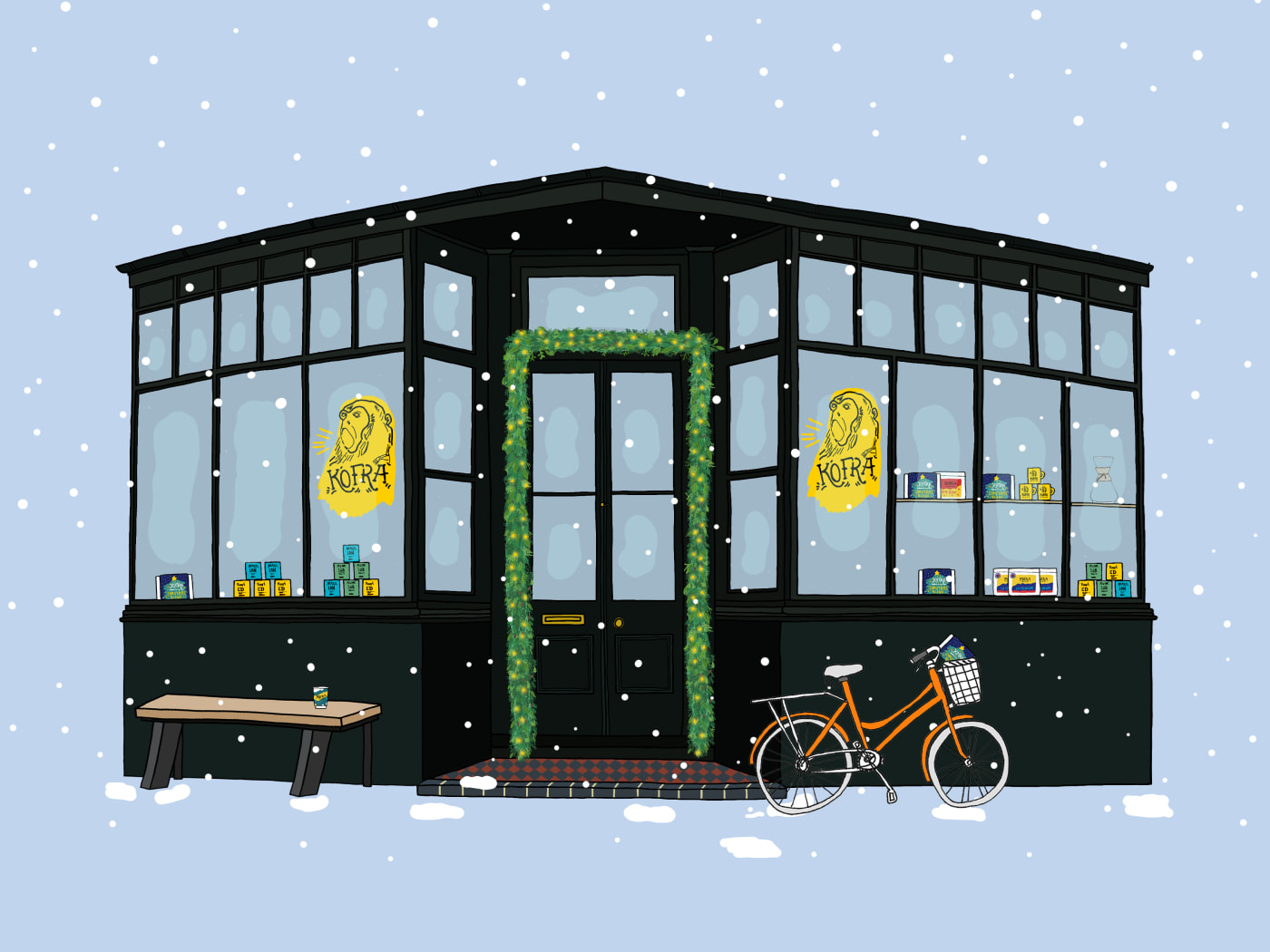 Kofra Bell Road coffee shop Christmas illustration