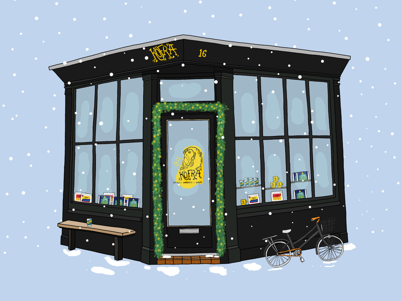 Kofra Onley Street coffee shop Christmas illustration