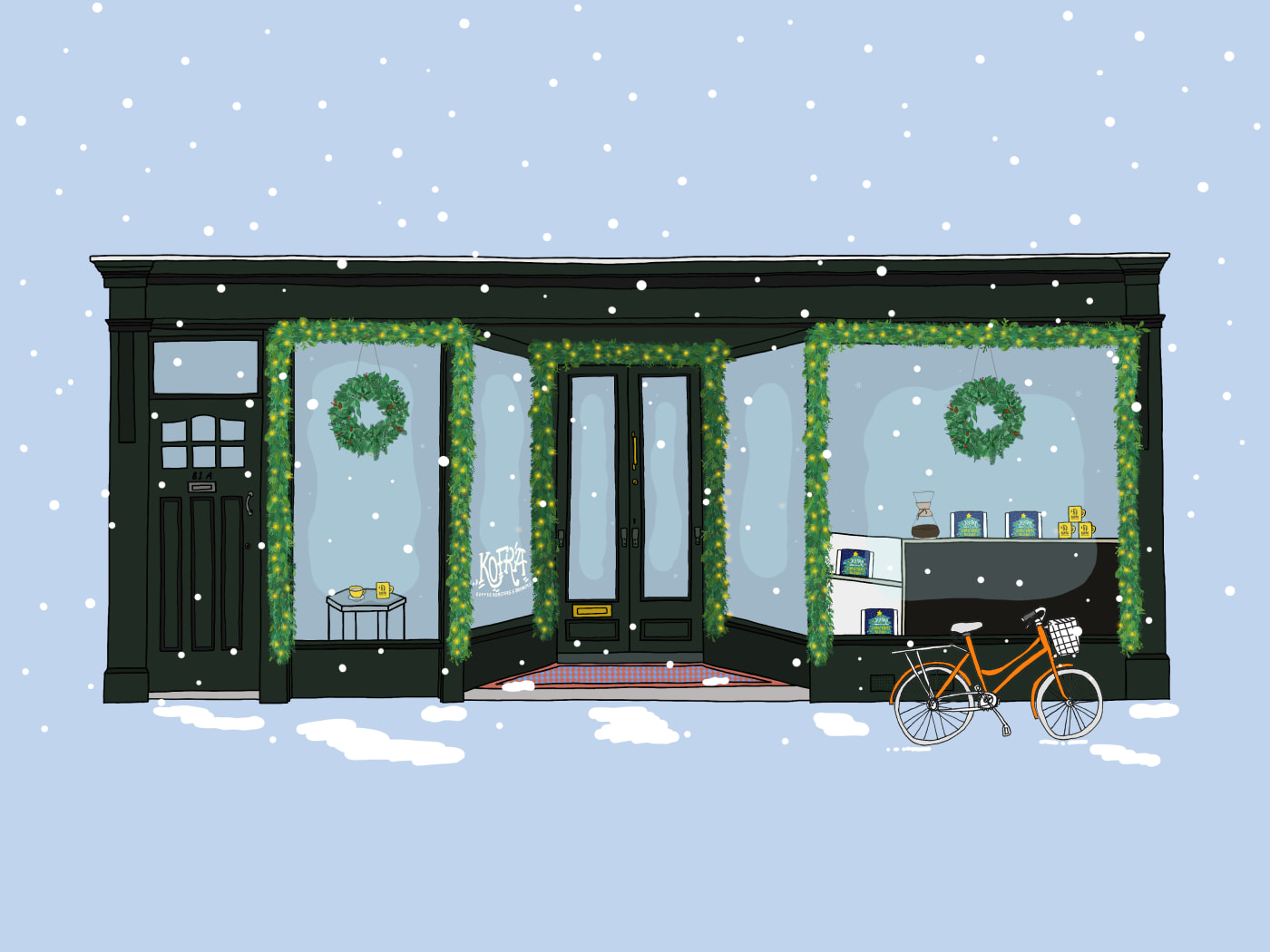 Kofra St Giles Street coffee shop Christmas illustration